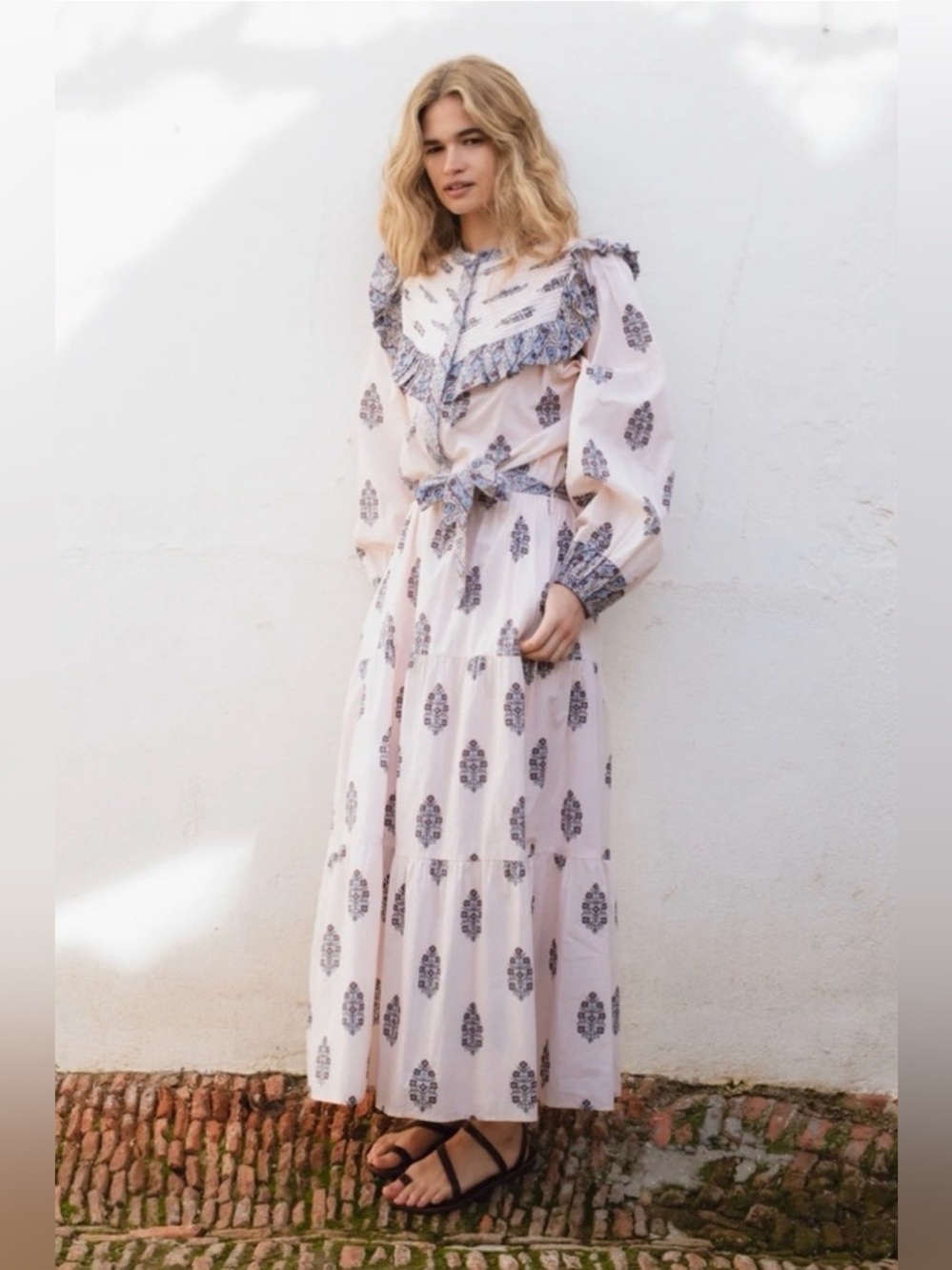 Sonmer NWT Jane Beige Block Print Organic Cotton Smocked Boho Maxi Dress M
